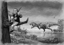 Load image into Gallery viewer, Black & white with character - Boy drawn with dinosaur background - drawings and portraits from your photos - drawking.com - Drawking