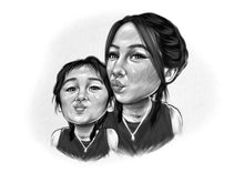 Load image into Gallery viewer, Black and white caricature - Girls drawn pouting - Black & white portrait - drawings and portraits from your photos - drawking.com - DrawKing