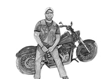 Load image into Gallery viewer, Black and white portrait with a large object -Man with motorbike - Black & white portrait - drawings and portraits from your photos - drawking.com - Drawking