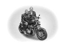 Load image into Gallery viewer, Black and white portrait with a large object -Men drawn with motorbike - Black & white portrait - drawings and portraits from your photos - drawking.com - Drawking