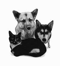 Load image into Gallery viewer, Black and white portrait with pets or animals - Dogs drawn with cat - drawings and portraits from your photos - drawking.com - DrawKing