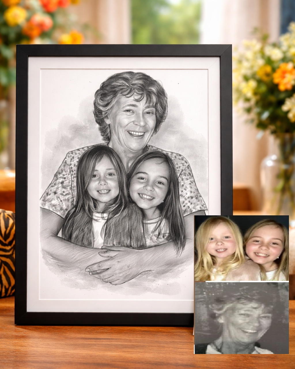 DrawKing custom black and white pencil portrait of grandmother with two granddaughters drawn from photos